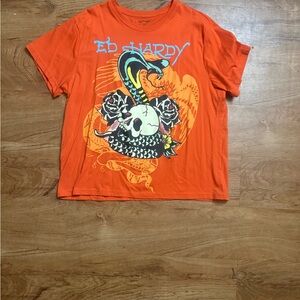 Ed Hardy Orange Tee with Snake, Skull & Rose Graphic